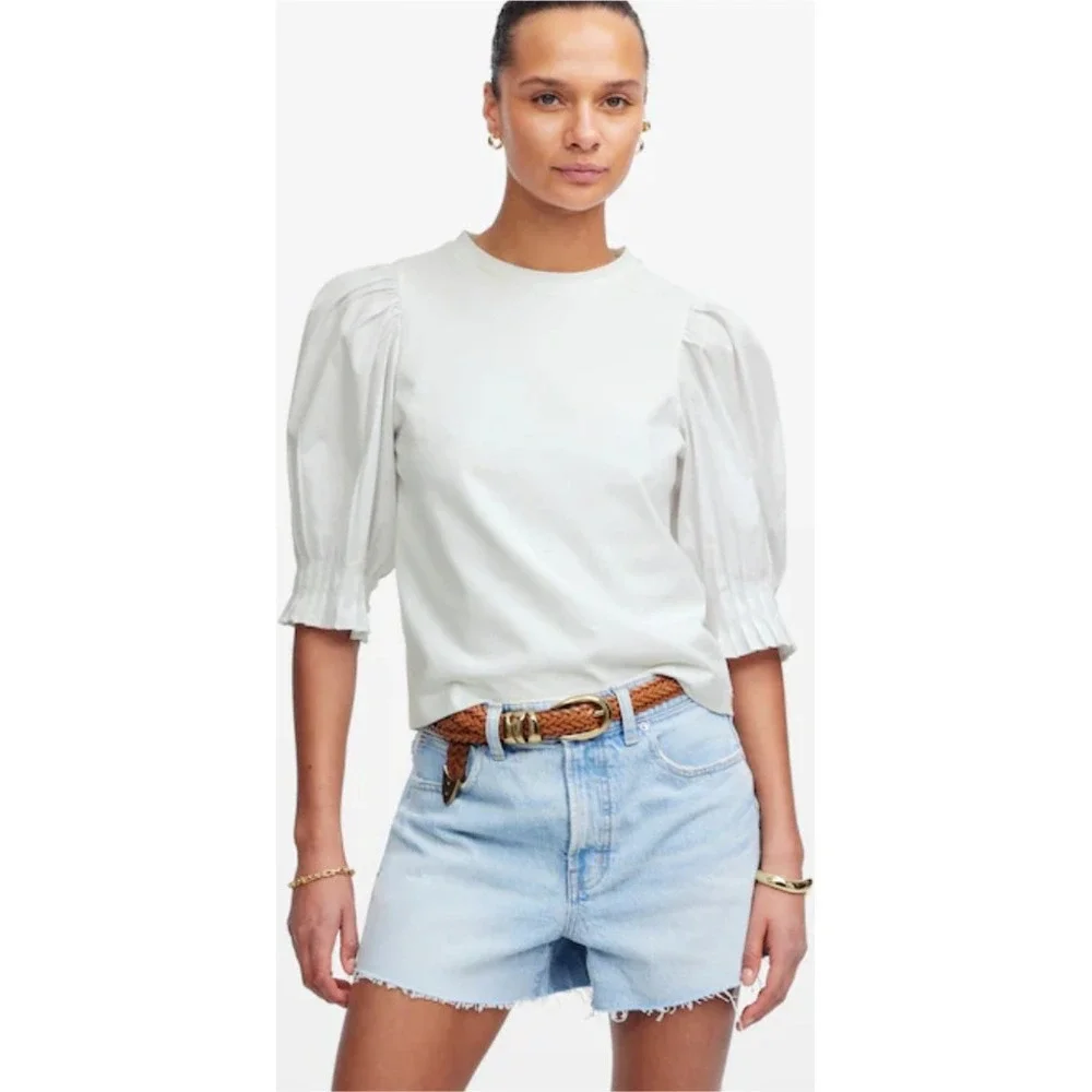 Madewell Black Puff Sleeve Top‎ XXS Crew Neck 3/4 Sleeve NWT $60
